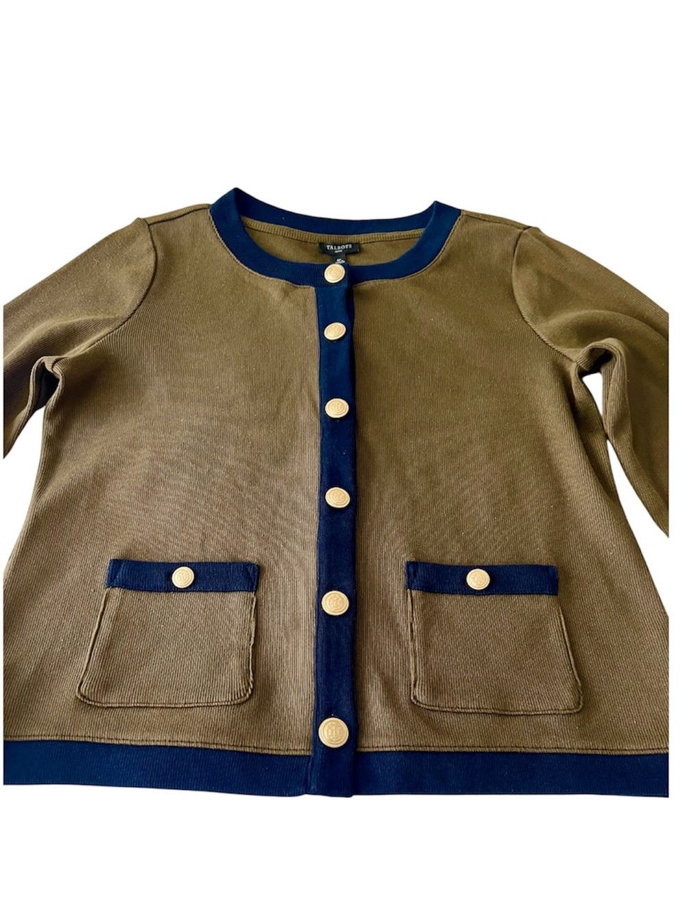 Olive Green and Navy Gold Button Cardigan Talbots Petite M - Picture 5 of 12